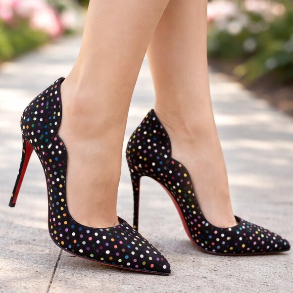 NIB Christian Louboutin Hot Chick 100 Black Suede Multicolor Polkadot Heel Pumps